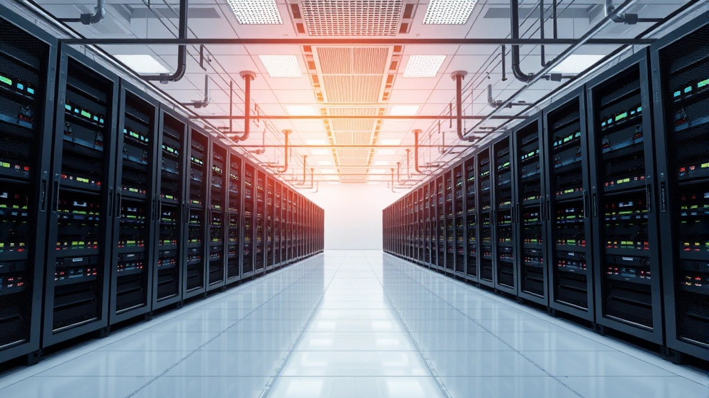A modern data center with server racks powered by renewable energy sources, showing the infrastructure where environment variables control application deployments in production environments