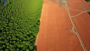 Aerial view of deforestation boundary showing intact dense tropical forest transitioning to cleared agricultural land with visible soil erosion patterns, natural lighting emphasizing contrast between green canopy and brown cleared areas
