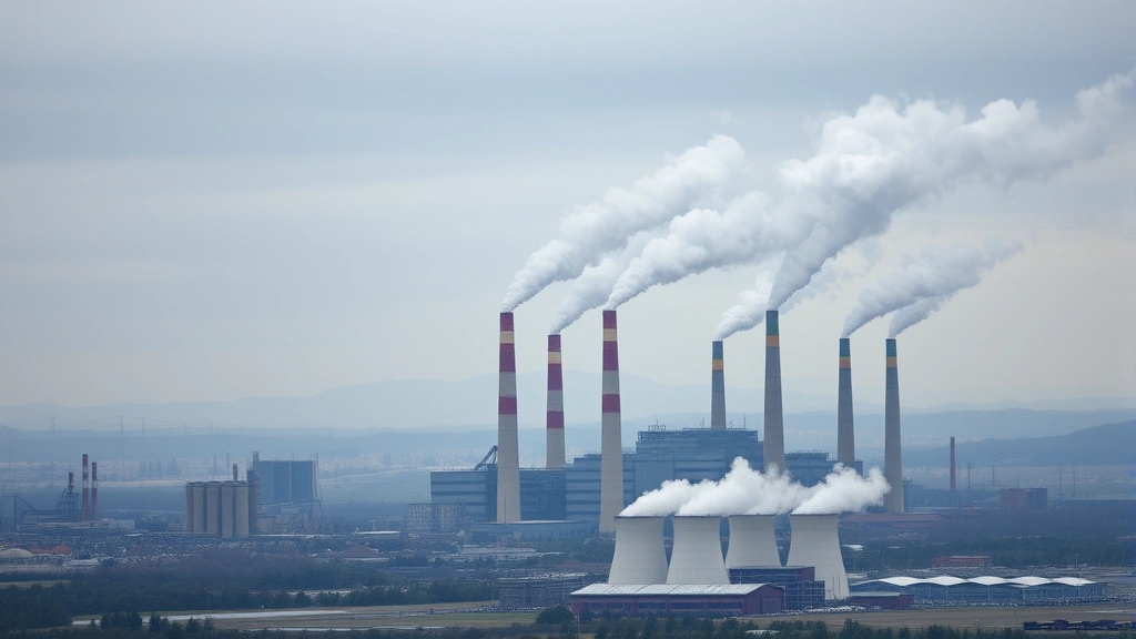 Industrial factory complex with multiple smokestacks emitting visible emissions over a landscape, cooling towers and industrial infrastructure visible, overcast sky, showing scale of industrial pollution and economic production impact