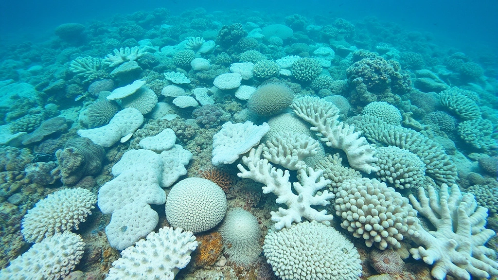 Underwater coral reef ecosystem showing bleached white corals mixed with some remaining colored coral, fish populations visible, demonstrating ocean warming impacts and ecosystem degradation from economic activity and climate change