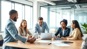 Diverse professional team collaborating at modern office desk with laptops and documents, natural lighting from windows, representing inclusive workplace economics and equal opportunity employment opportunities