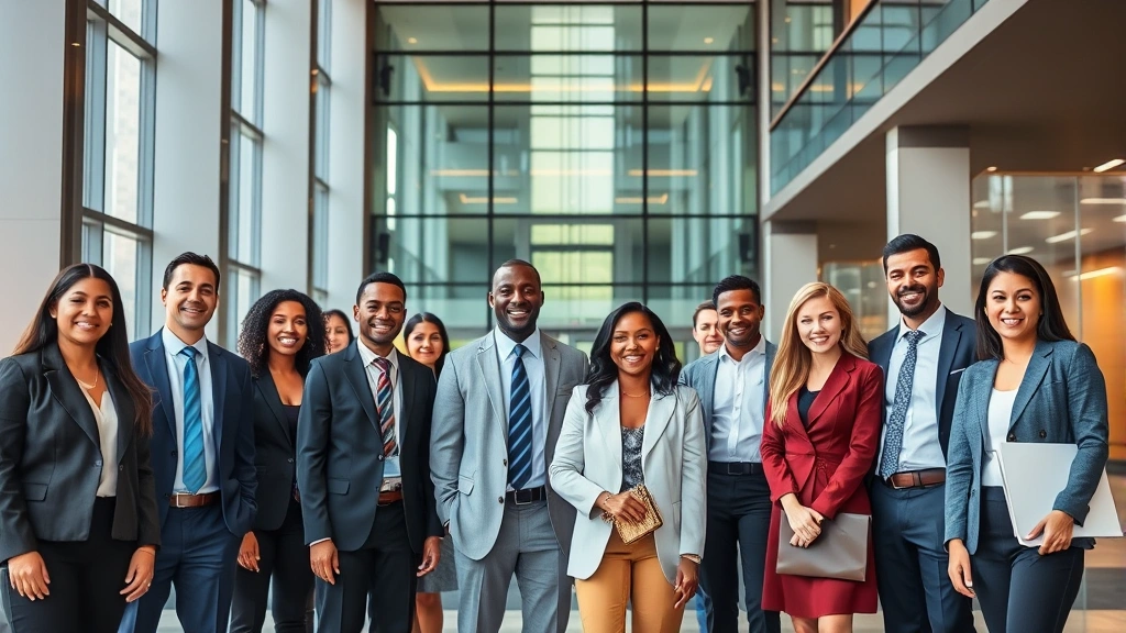 Diverse workforce in professional attire in modern urban office building lobby, representing inclusive labor markets, equal employment opportunity, and economic participation across racial and ethnic groups