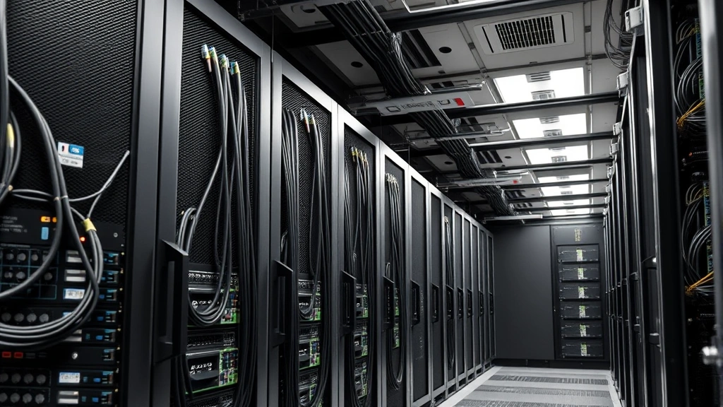 Detailed photograph of a data center server room with organized cable management and cooling systems, representing digital infrastructure and resource management efficiency