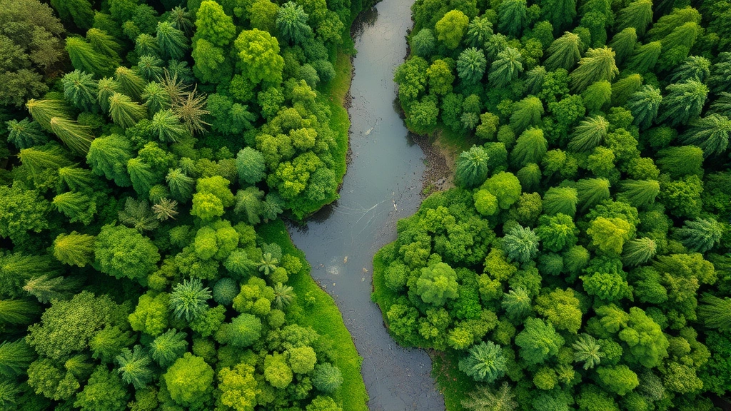 Aerial view of diverse forest ecosystem with river running through, showing canopy layers, wildlife habitat, and water reflection, photorealistic natural lighting, vibrant green vegetation, no text or labels