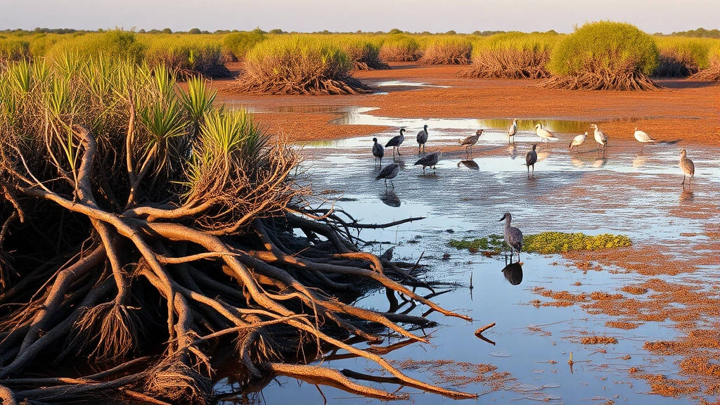 Coastal wetland landscape with mangrove roots, wading birds, and shallow water habitat, showing ecosystem complexity and biodiversity, golden hour lighting, natural colors, no charts or text