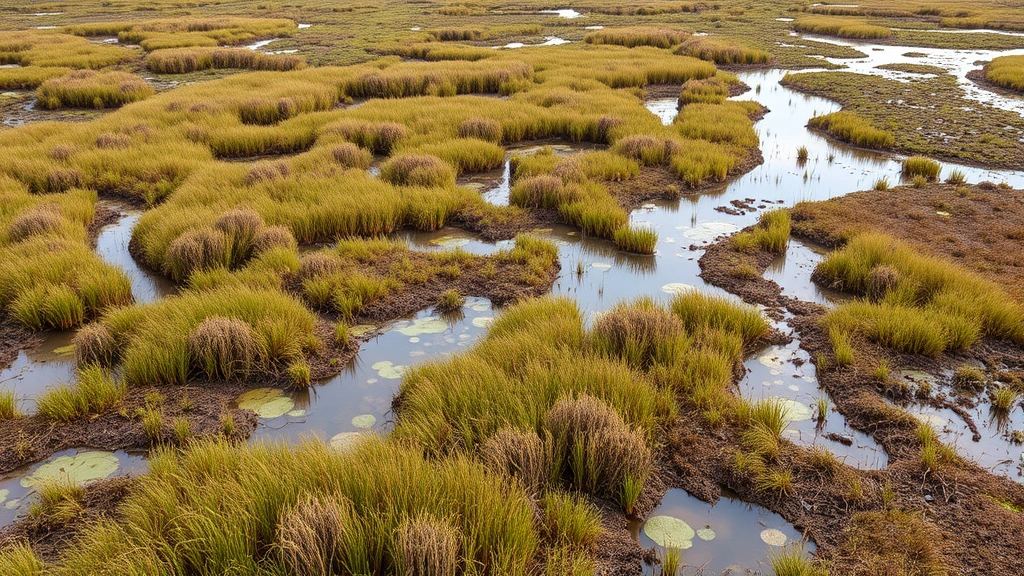 Restored peatland with native vegetation, water retention features, and wildlife activity, showing regenerative ecosystem management, soft natural lighting, brown and green tones, no text overlay