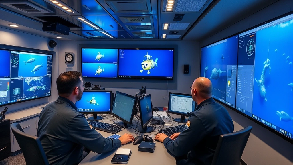 Team of marine engineers and technicians in modern control room monitoring multiple screens displaying deep ocean submersible feeds, with sophisticated equipment and data visualization displays