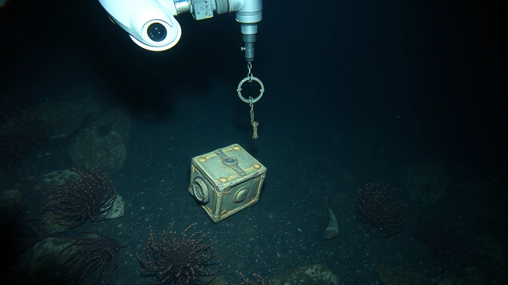Recovered maritime artifact being carefully extracted from ocean floor by robotic arm in complete darkness, surrounding deep sea organisms and geological formations visible in submersible lights