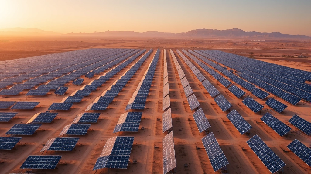 Photorealistic aerial view of large-scale solar panel farm spanning across flat desert landscape with mountains on horizon, golden hour lighting, no text or labels