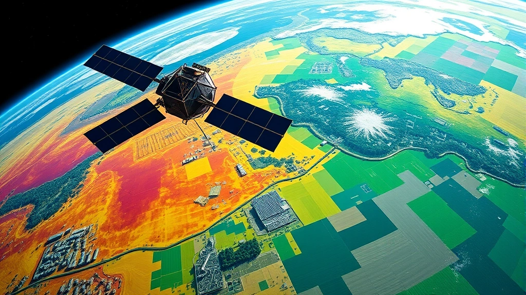 Satellite orbiting Earth with visible sensor arrays and data transmission beams, showing real-time environmental monitoring of forests, cities, and agricultural fields below with vibrant false-color vegetation indices