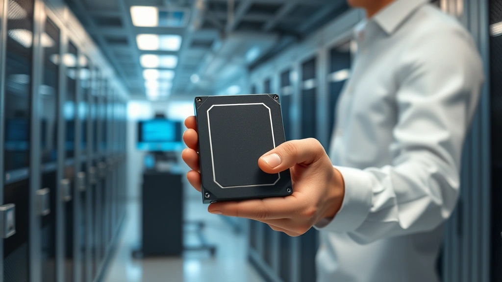 Photorealistic photograph of a professional holding an external hard drive in a secure facility, showing data transfer between isolated systems, clean workspace, security measures visible in background, modern technology setting without any text or labels