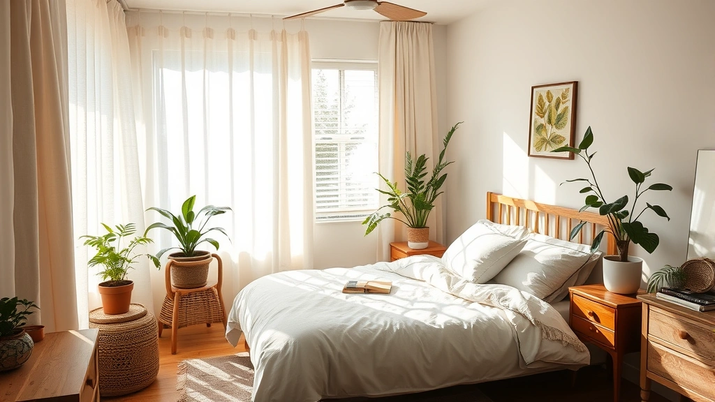 Sunlit bedroom with organic cotton bedding, wooden furniture, and potted plants creating serene natural environment with soft natural light filtering through organic cotton curtains