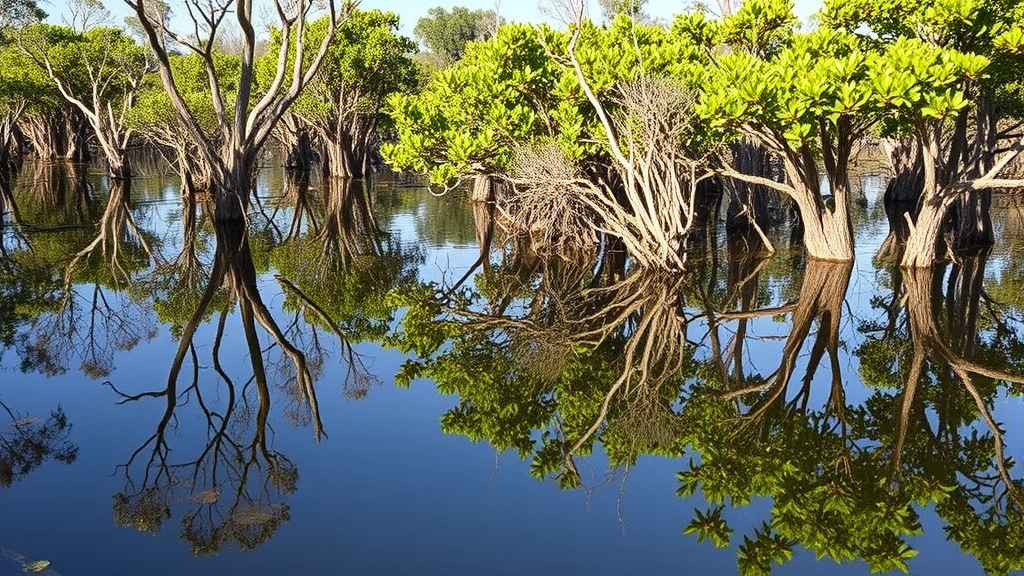 Coastal wetland ecosystem with mangrove trees reflected in calm water, showing interconnected ecological services like fish nurseries, storm protection, and carbon sequestration benefiting nearby communities