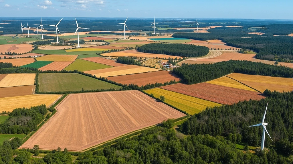 Mixed landscape showing restored agricultural fields with native vegetation, wind turbines, and forest patches demonstrating integrated sustainable development with both economic activity and ecosystem regeneration