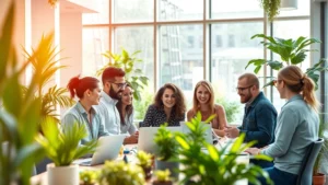 Diverse workers collaborating in modern bright office with natural light, plants, and sustainable architecture, showing positive workplace energy and environmental integration