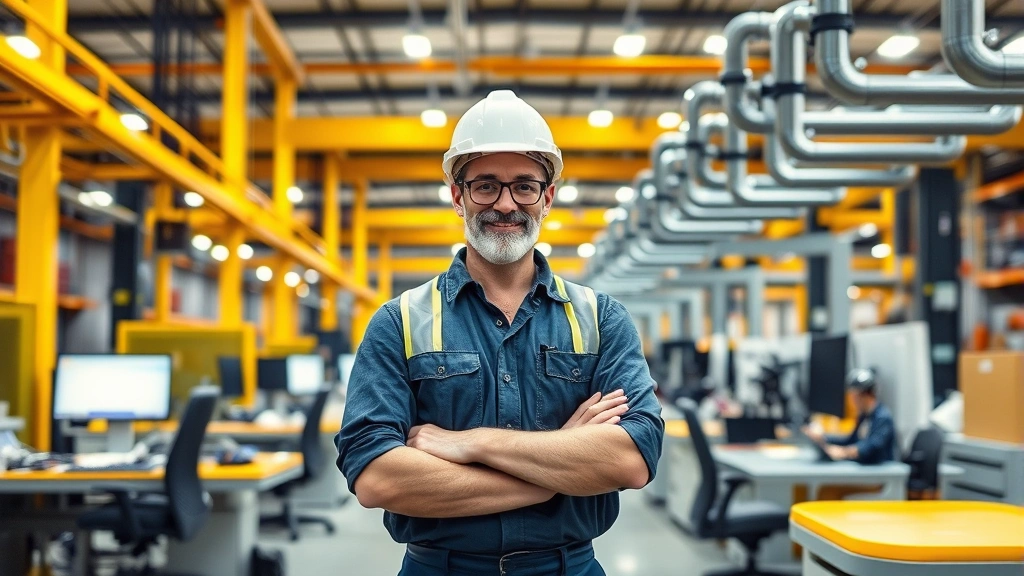 Worker in manufacturing facility with advanced safety equipment, ergonomic workstations, and clean air filtration systems, demonstrating industrial job environment quality