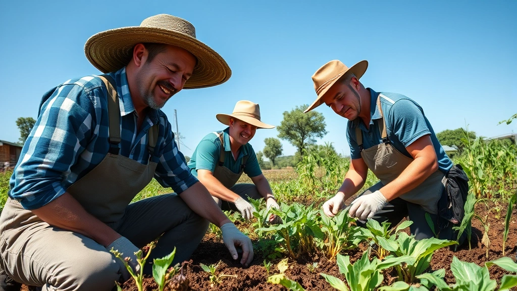 Outdoor agricultural workers in regenerative farm with healthy soil, diverse crops, and clear blue sky, illustrating sustainable employment and environmental stewardship