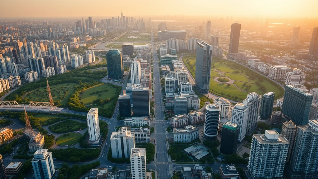 Aerial view of dense metropolitan cityscape with mix of modern high-rise buildings, green parks, and interconnected streets during golden hour, showing urban complexity and human economic activity