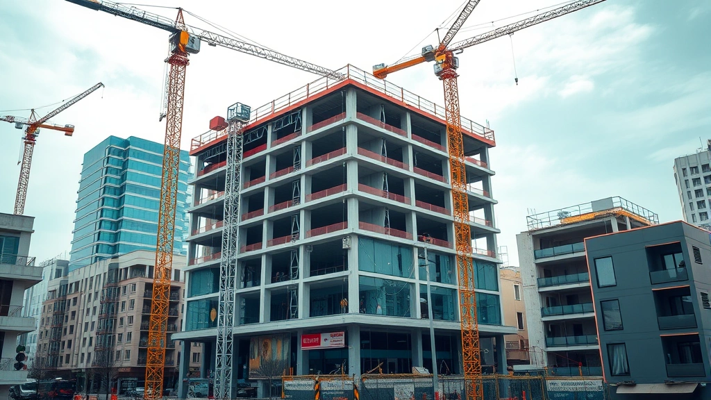 Construction site with cranes, workers, and partially built commercial building surrounded by established structures, demonstrating capital investment and urban transformation