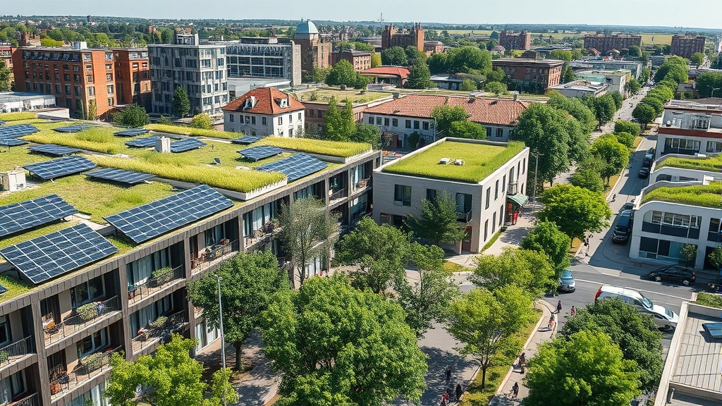 Sustainable urban neighborhood featuring green roofs, solar panels on buildings, tree-lined streets with cyclists and pedestrians, modern architecture integrated with nature and public transit infrastructure