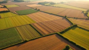 Aerial view of agricultural fields transitioning from monoculture to regenerative polyculture farming with diverse crop patterns, natural water retention features, and restored hedgerows under morning light