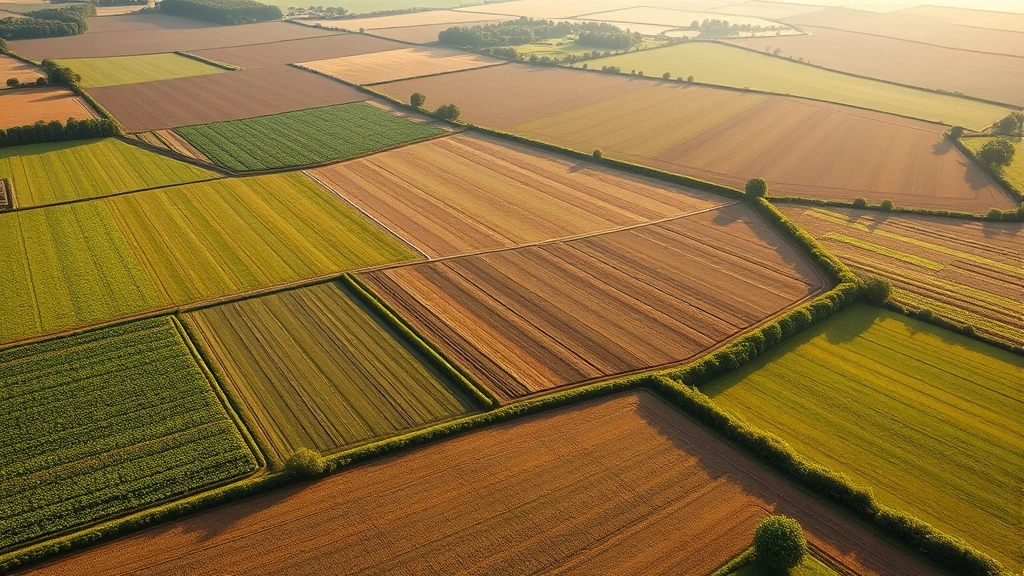 Aerial view of agricultural fields transitioning from monoculture to regenerative polyculture farming with diverse crop patterns, natural water retention features, and restored hedgerows under morning light