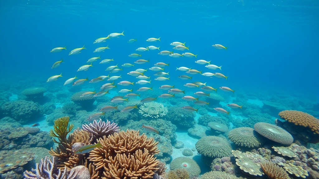Underwater coral reef ecosystem showing vibrant biodiversity with schooling fish, healthy corals, and clear water demonstrating intact ecosystem services and human-dependent marine resources
