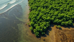 Aerial view of a thriving mangrove forest meeting coastal waters, with clear water channels reflecting sunlight, lush green canopy density, representing ecosystem infrastructure value and coastal protection