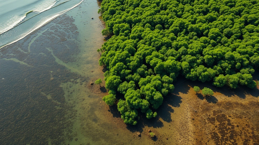 Aerial view of a thriving mangrove forest meeting coastal waters, with clear water channels reflecting sunlight, lush green canopy density, representing ecosystem infrastructure value and coastal protection