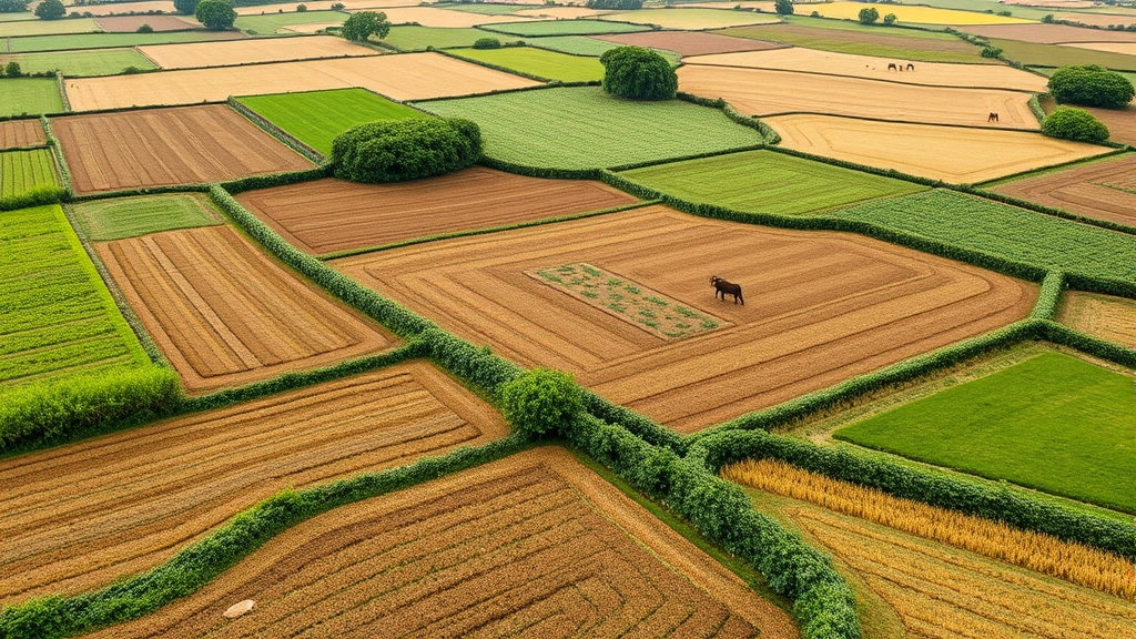Diverse regenerative agriculture landscape showing patchwork of different crop rotations, cover crops, hedgerows with native vegetation, and small livestock grazing areas integrated together, demonstrating biodiversity and productivity