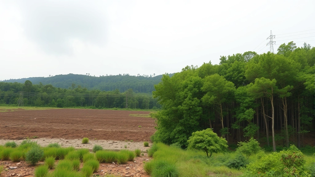 Wide landscape showing transition from degraded deforested area on left with exposed soil and sparse vegetation to healthy restored forest on right with dense canopy and understory, representing ecosystem restoration economics