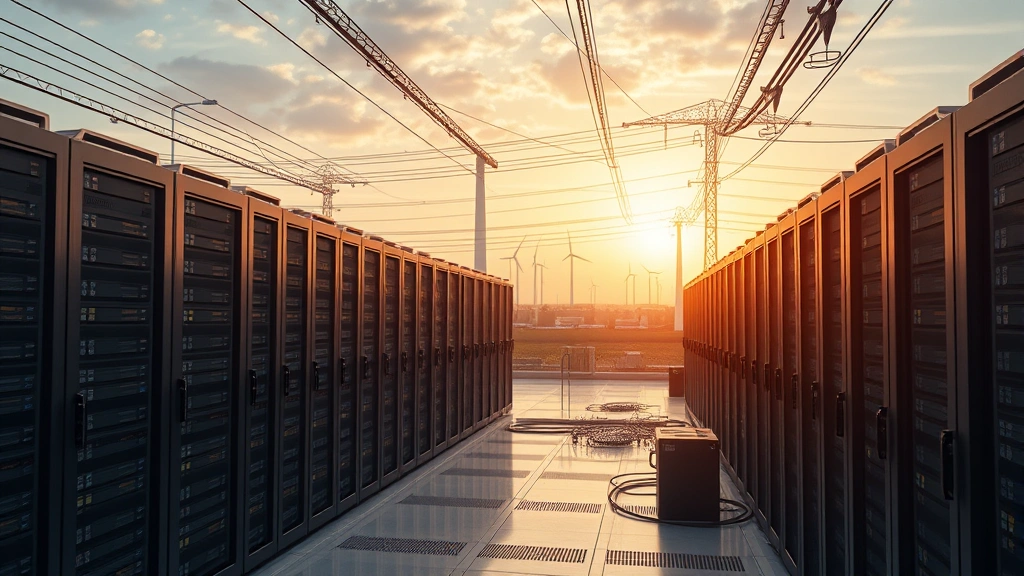 Massive data center facility with rows of computer servers and cooling infrastructure, industrial landscape with power transmission lines connecting to renewable wind turbines in distant background, photorealistic