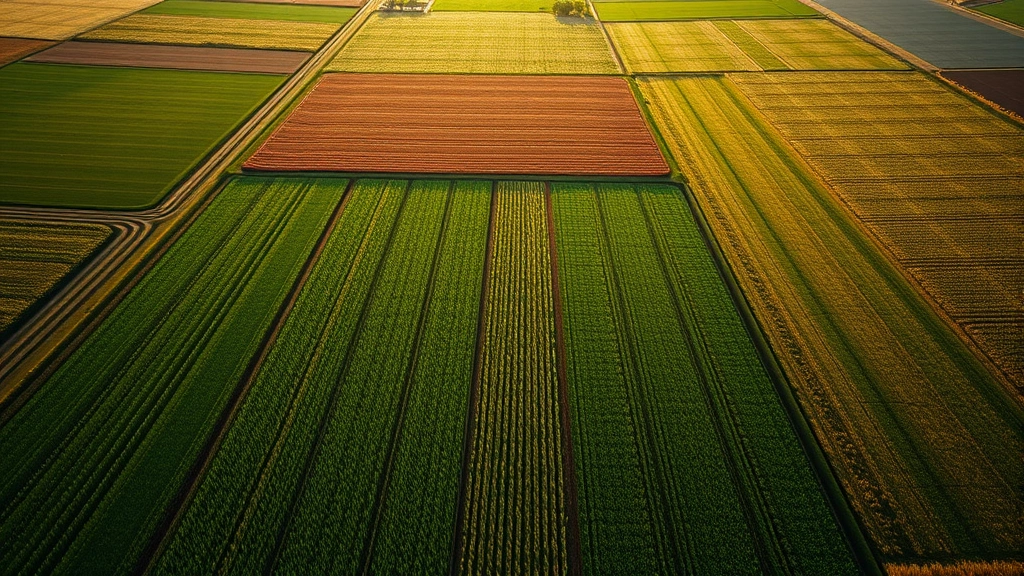 Aerial view of vast agricultural field with mixed crop varieties and visible crop rows, morning sunlight casting long shadows across green fields, natural ecosystem edge visible at field boundary, photorealistic, no text or labels