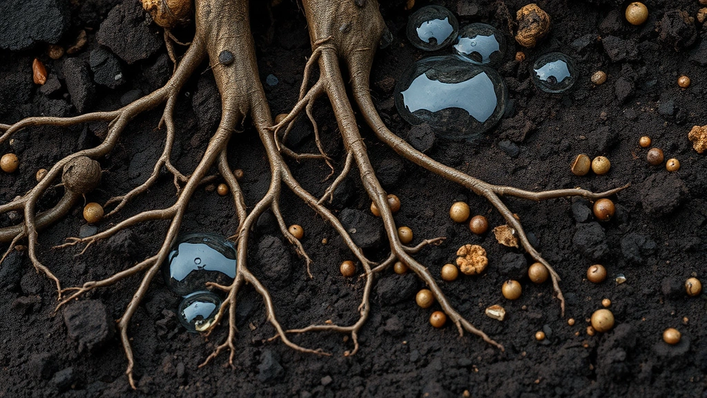 Close-up of soil cross-section showing rich dark earth with visible root systems, fungal networks, and microbial communities, water droplets on soil surface, natural lighting highlighting soil texture and biological complexity, photorealistic, no text