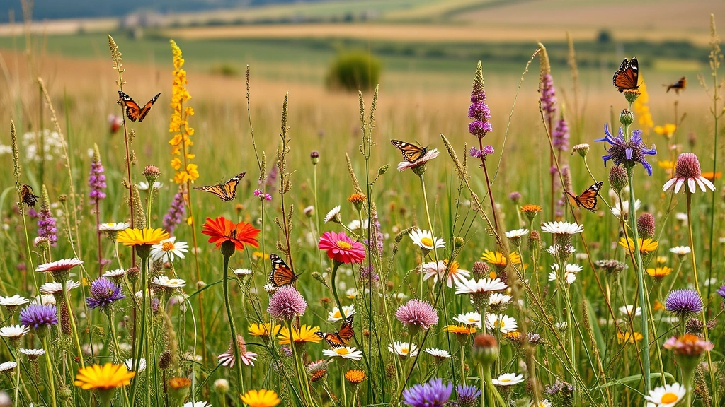 Diverse wildflower meadow with native plants, butterflies, and pollinating insects among flowering vegetation, natural landscape gradient from cultivated to wild ecosystems visible in background, warm natural light, photorealistic, no text or labels
