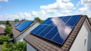 Solar panels installed on residential rooftops with green landscape below, natural lighting, photorealistic detail showing reflection of sky on panels, suburban setting with trees