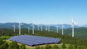 Solar panels and wind turbines in expansive green landscape with forest and mountains under blue sky, photorealistic, no text or labels