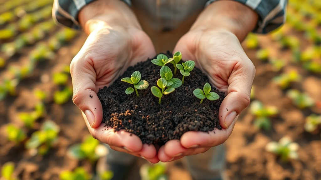 Farmer's hands holding rich dark soil with growing green seedlings, regenerative agriculture field in background with diverse crops, morning sunlight, earthy tones, biodiversity visible