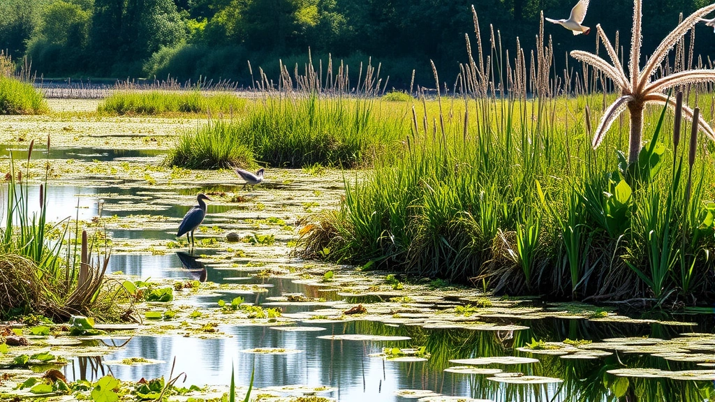 Lush restored wetland ecosystem with native plants, water reflections, birds, and biodiversity thriving in natural habitat restoration project