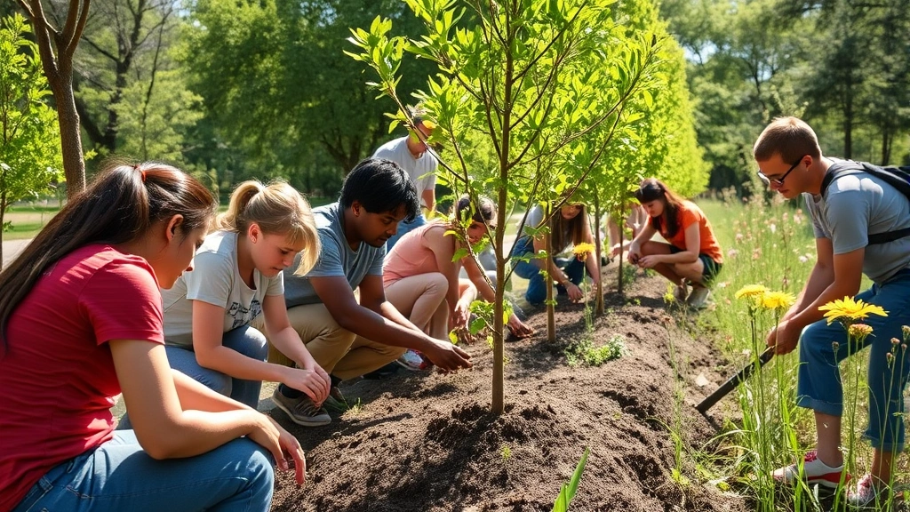 Diverse group of people planting native trees and wildflowers in urban park restoration project, natural sunlight, genuine activity, green landscape transformation, community engagement