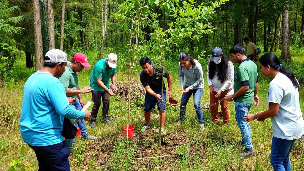 Diverse group participating in community environmental restoration work, planting trees and removing invasive species in natural area