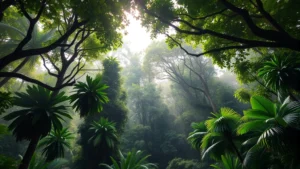 Lush tropical rainforest canopy with diverse tree species, sunlight filtering through dense foliage, vibrant green vegetation, misty morning atmosphere, pristine natural ecosystem showing biodiversity richness and ecological complexity