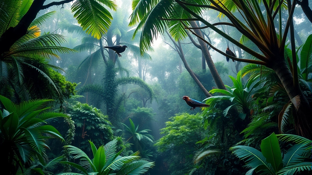 Lush tropical rainforest canopy with diverse wildlife, mist-covered trees, vibrant green vegetation, photorealistic nature photography showing ecosystem biodiversity and ecological abundance