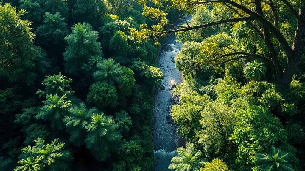 Lush forest canopy from above showing dense green vegetation, sunlight filtering through leaves, river winding through pristine wilderness, photorealistic, no text, emphasizing biodiversity and natural capital