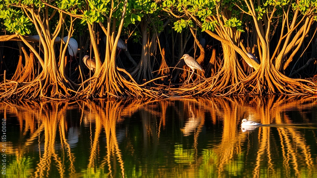 Coastal mangrove forest with intricate root systems reflected in calm water, diverse bird species visible among branches, sunset lighting, healthy marine ecosystem providing nursery habitat for fish species and carbon sequestration