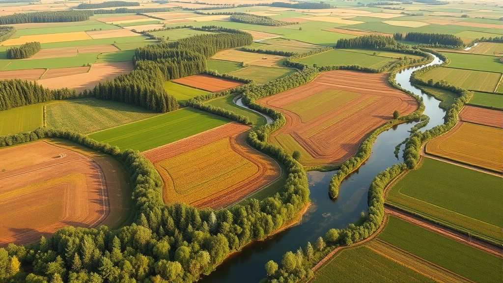 Agricultural landscape showing integrated farming with forest patches, water features, green fields, and natural habitat corridors, demonstrating sustainable land management practices