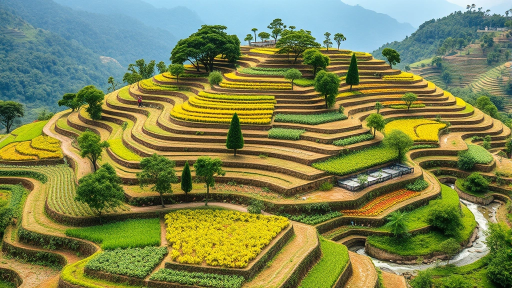 Terraced regenerative agricultural hillside with diverse crops, trees integrated into farmland, vibrant soil visible, farmers working sustainably, flowing water channels, photorealistic nature scene showing ecosystem-economy integration
