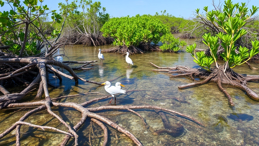 Coastal mangrove ecosystem with intricate root systems, clear shallow water, diverse bird species, and healthy vegetation demonstrating ecosystem service provision for coastal protection and fisheries