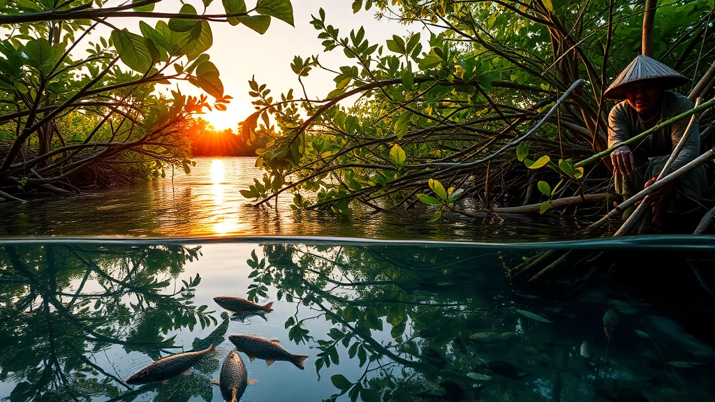 Restored coastal mangrove forest with clear water, fish visible in shallows, birds nesting in branches, sunset lighting, community members harvesting sustainably, photorealistic showing ecosystem services and economic value generation