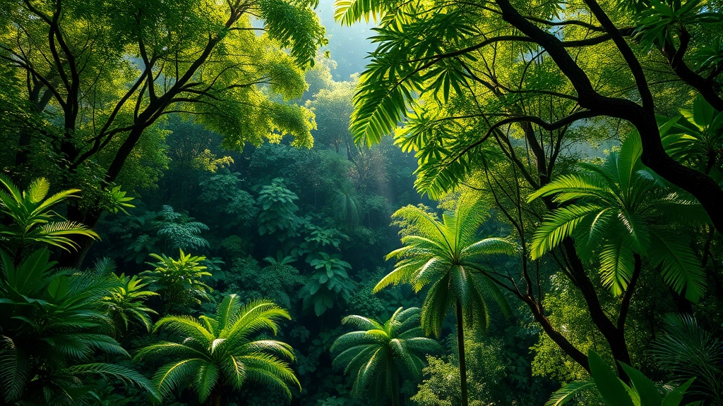 Lush tropical rainforest canopy with sunlight filtering through dense green vegetation, showing multiple layers of trees, vines, and understory plants. Photorealistic, aerial perspective, vibrant ecosystem abundance.